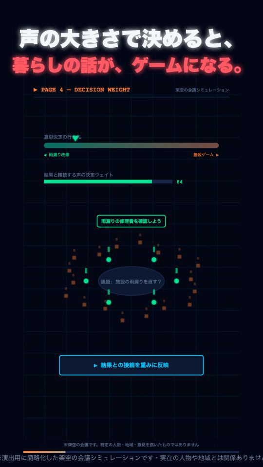 「声の大きさで決めると、暮らしの話が、ゲームになる。」の文字が出ている動画の場面