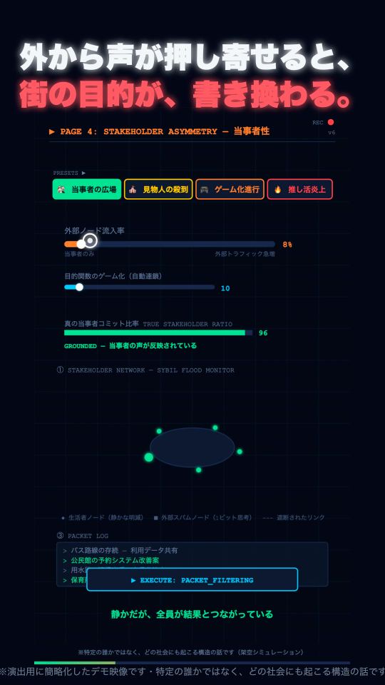 「外から声が押し寄せると、街の目的が、書き換わる。」の文字が出ている動画の場面